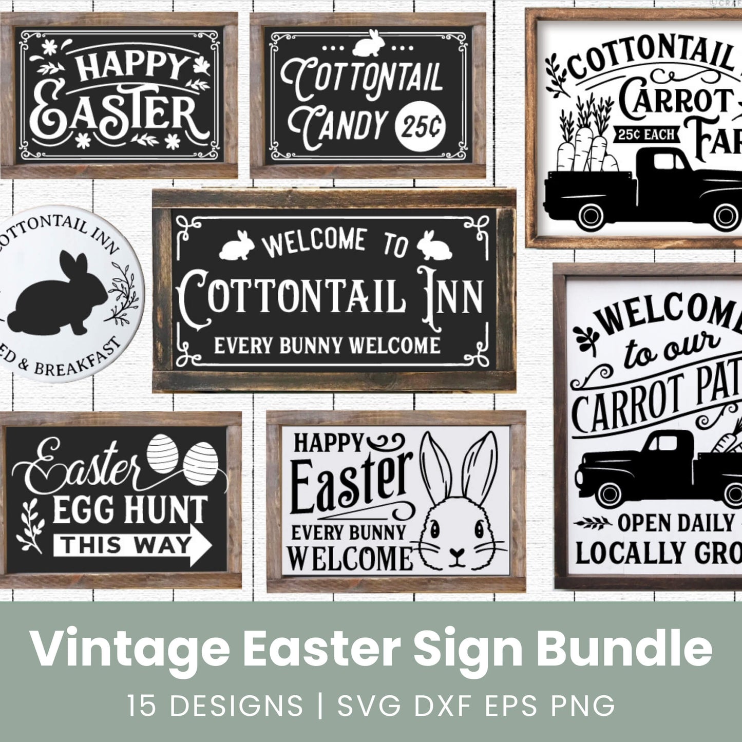Collection of vintage Easter-themed signs with text and graphics on a wooden background.