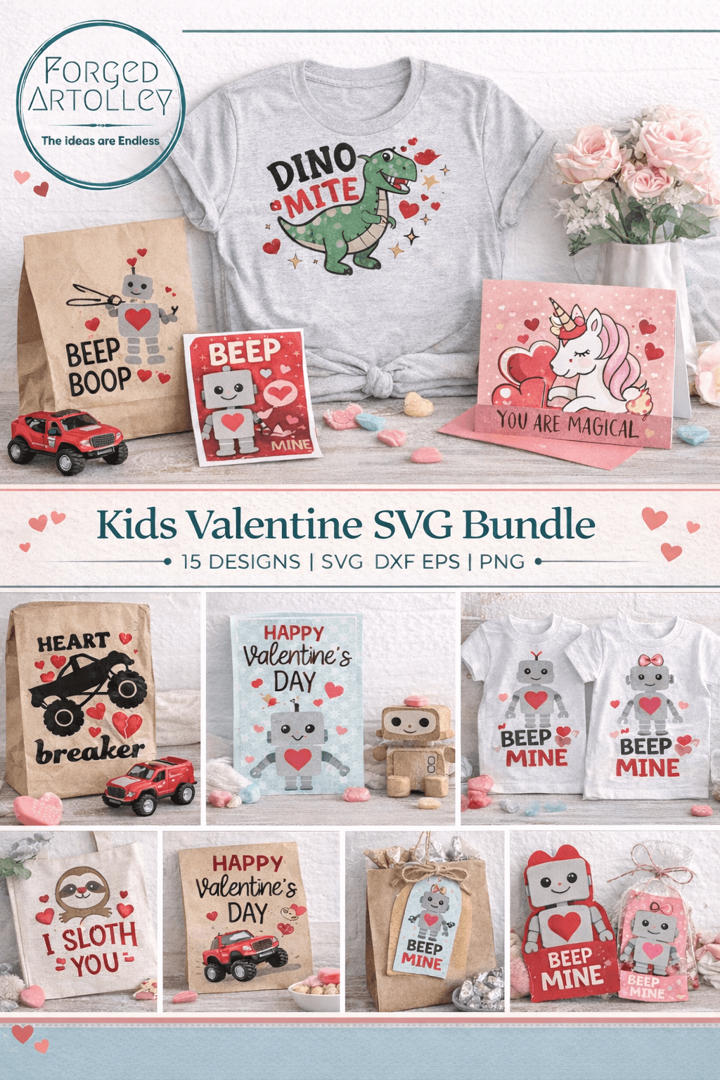 Collection of Valentine-themed products including t-shirts, bags, and cards with digital design files on a white background.