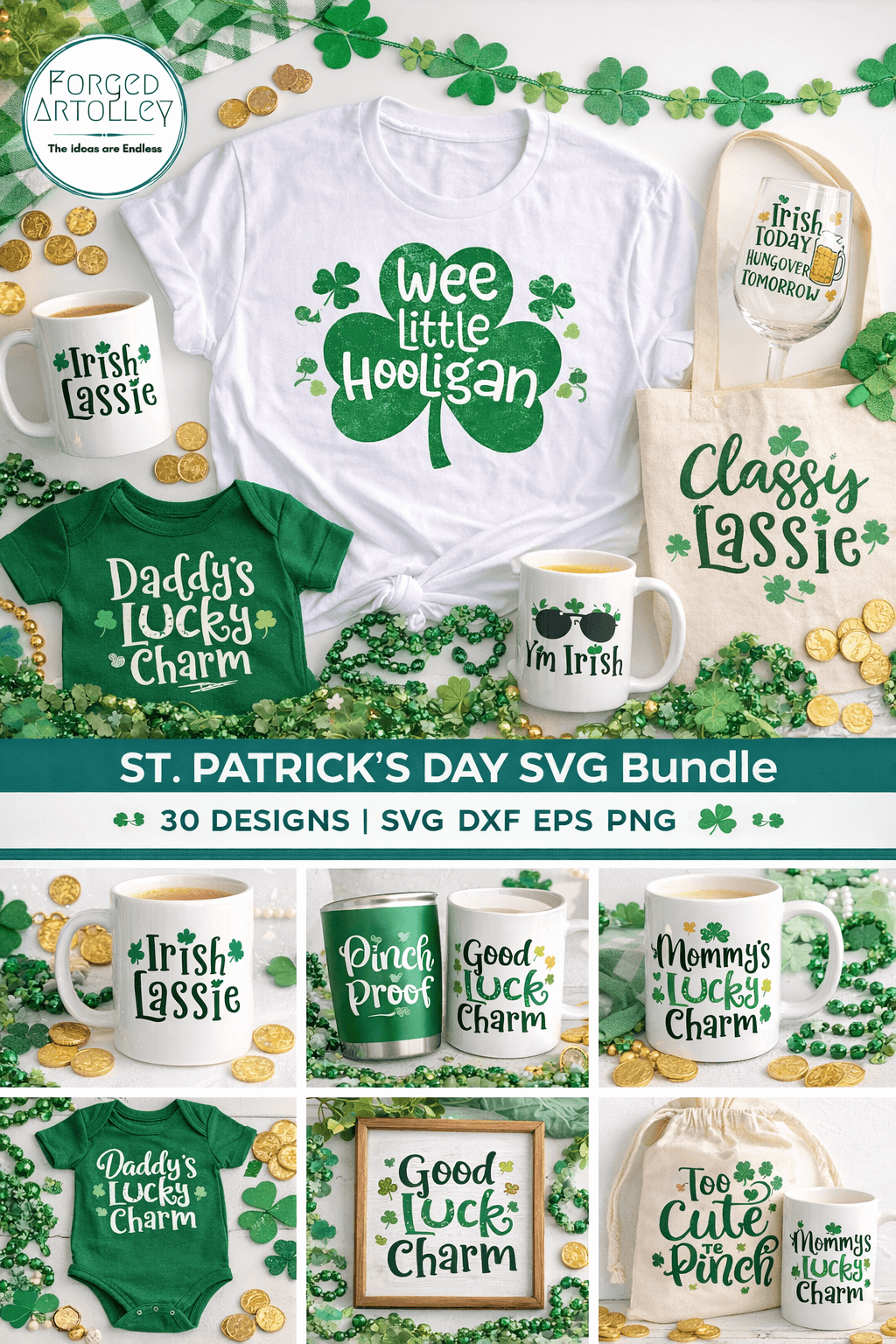 St. Patrick's Day themed products including t-shirts, mugs, and tote bags with text and graphics.