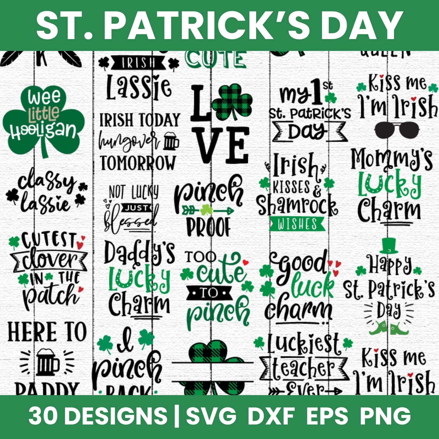 Collection of St. Patrick's Day-themed designs with text and shamrock graphics on a white background.