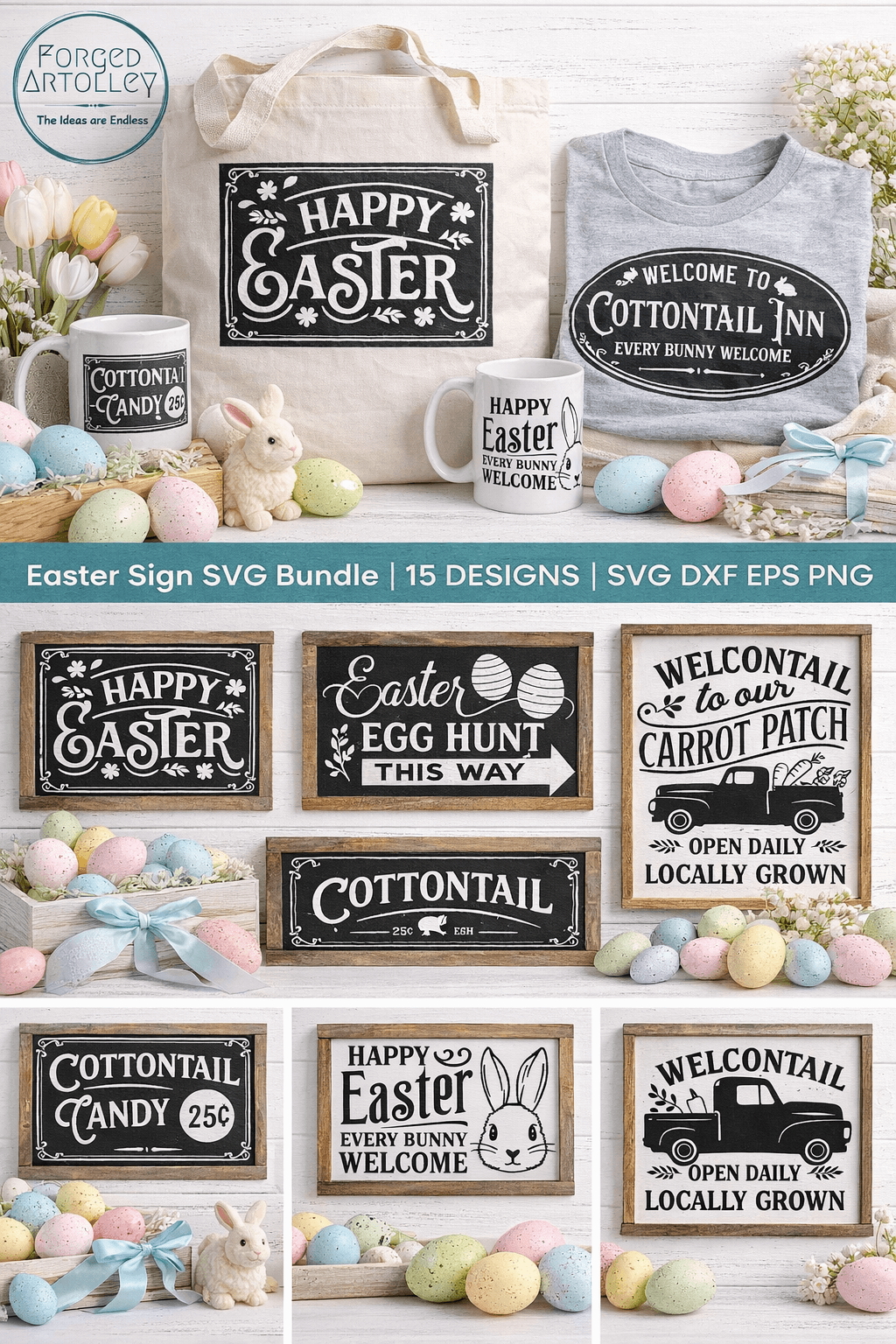 Easter-themed signs and products with 'Forged Artley' branding on a white background.
