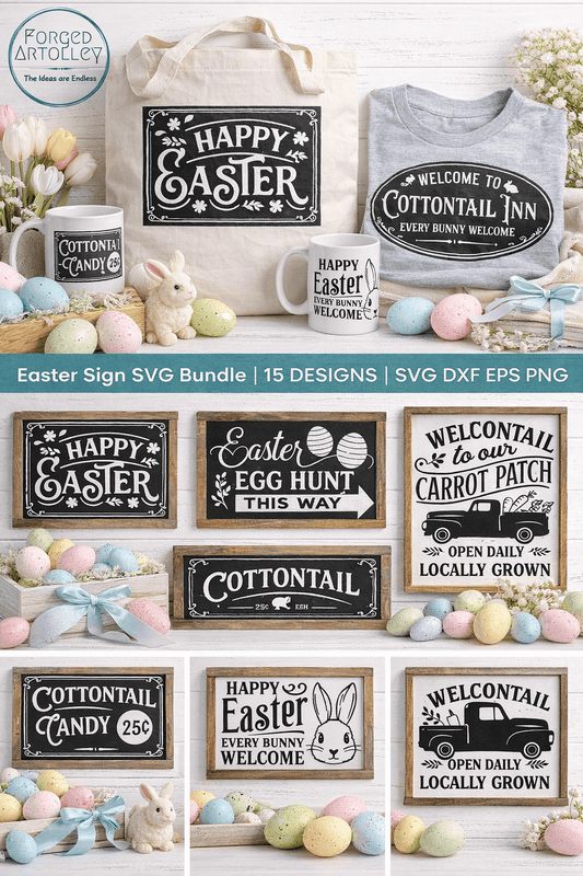 Easter-themed signs and products with 'Forged Artley' branding on a white background.