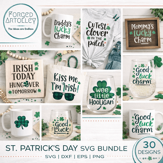 Collage of St. Patrick's Day-themed products with text and graphics, featuring the brand 'Forged Artoolery'.