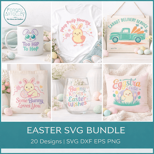 Collage of Easter-themed products with text overlay for an Easter SVG bundle.