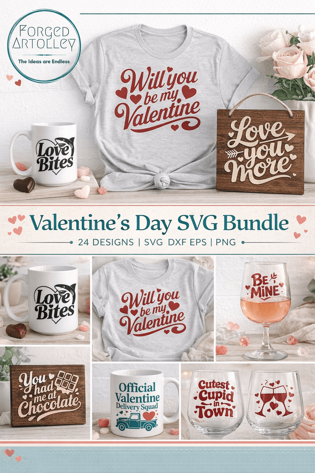 Valentine's Day SVG Bundle with t-shirt, mug, and signs on a white background