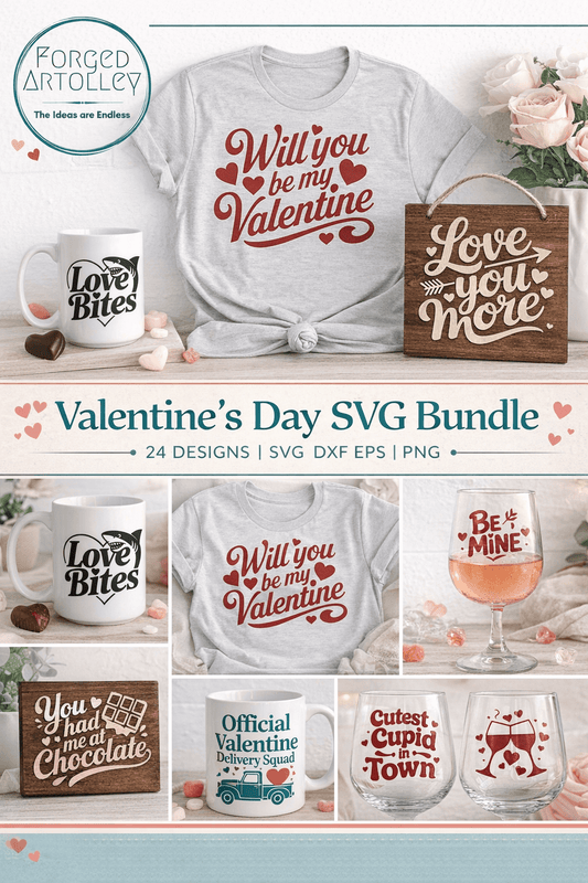 Valentine's Day SVG Bundle with t-shirt, mug, and signs on a white background