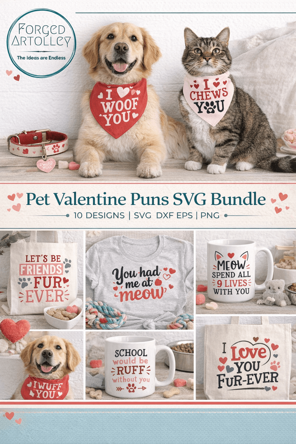 Promotional graphic for Pet Valentine Puns SVG Bundle featuring a dog and cat with humorous Valentine's Day-themed products.