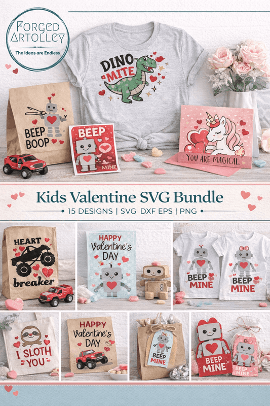 Collection of Valentine-themed products including t-shirts, bags, and cards with digital design files on a white background.