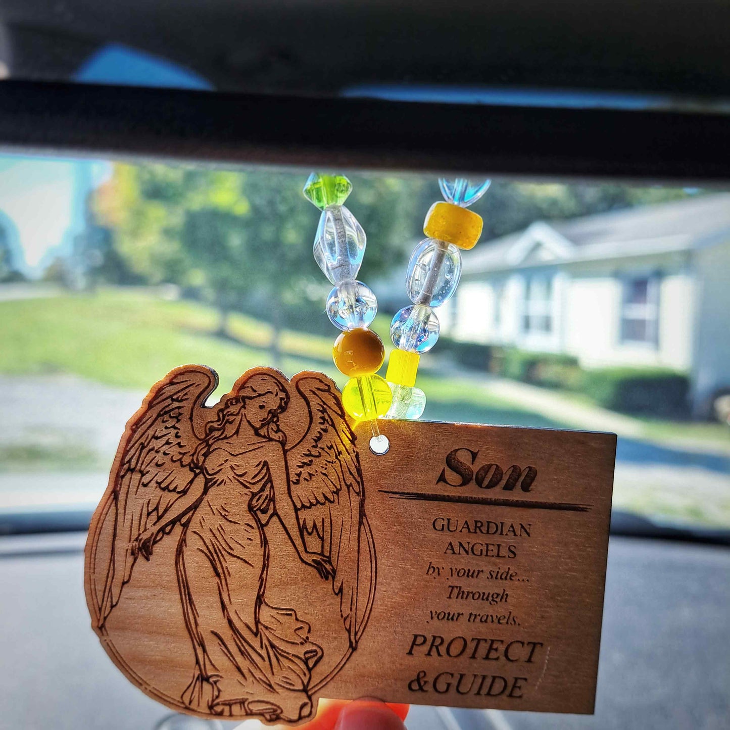 Guardian Angel Son rear view mirror charm for safe travels