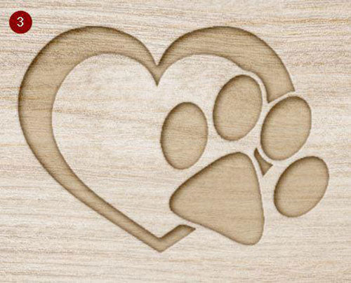 Mock up of wooden surface with a carved heart and paw print design