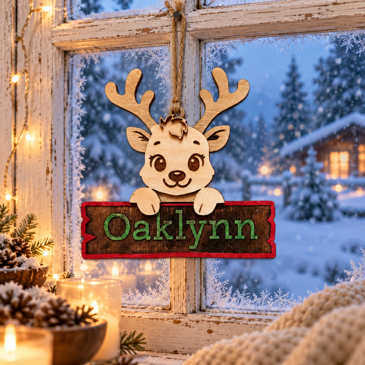 Personalized wood reindeer ornament with green name lettering and red border, hanging in a frosted window with snowy evergreens outside