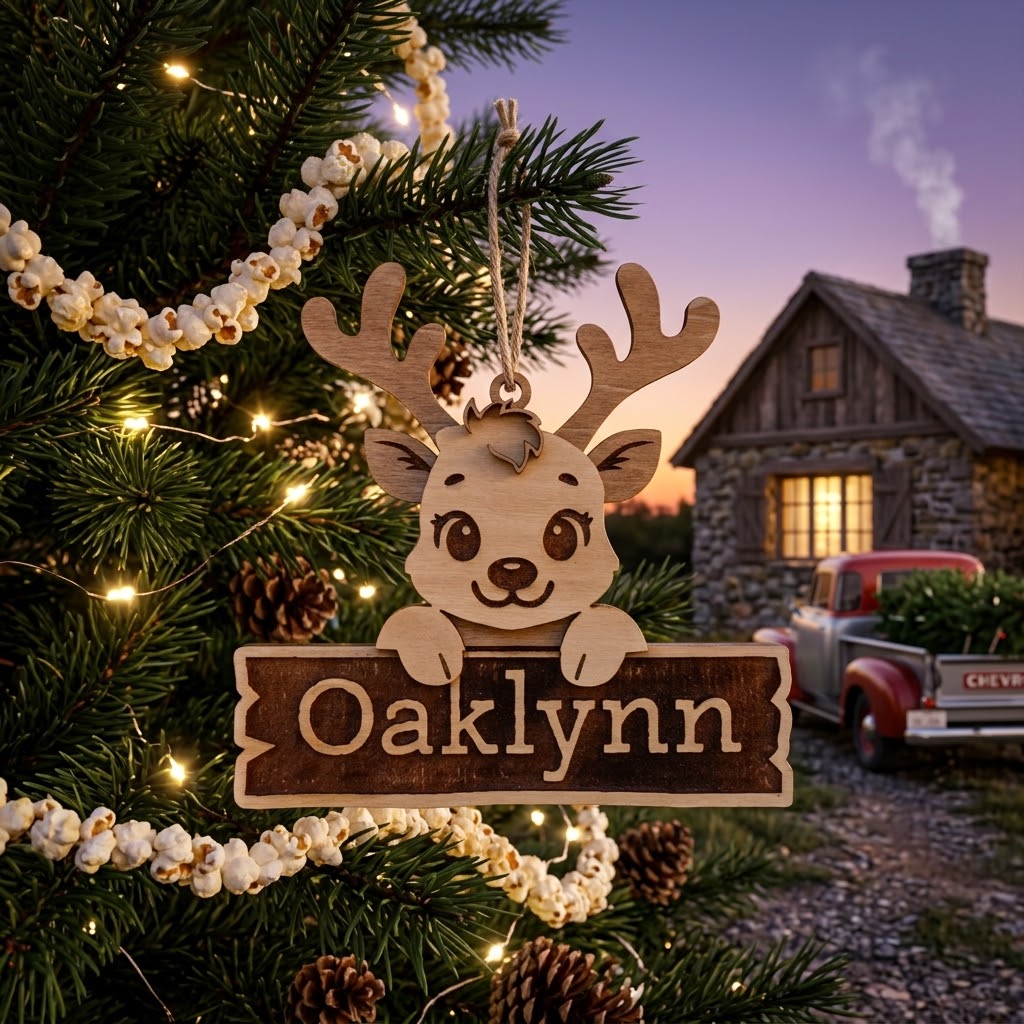 Personalized natural wood reindeer name ornament with layered antlers and paws, hanging by twine on a Christmas tree with lights and popcorn garland