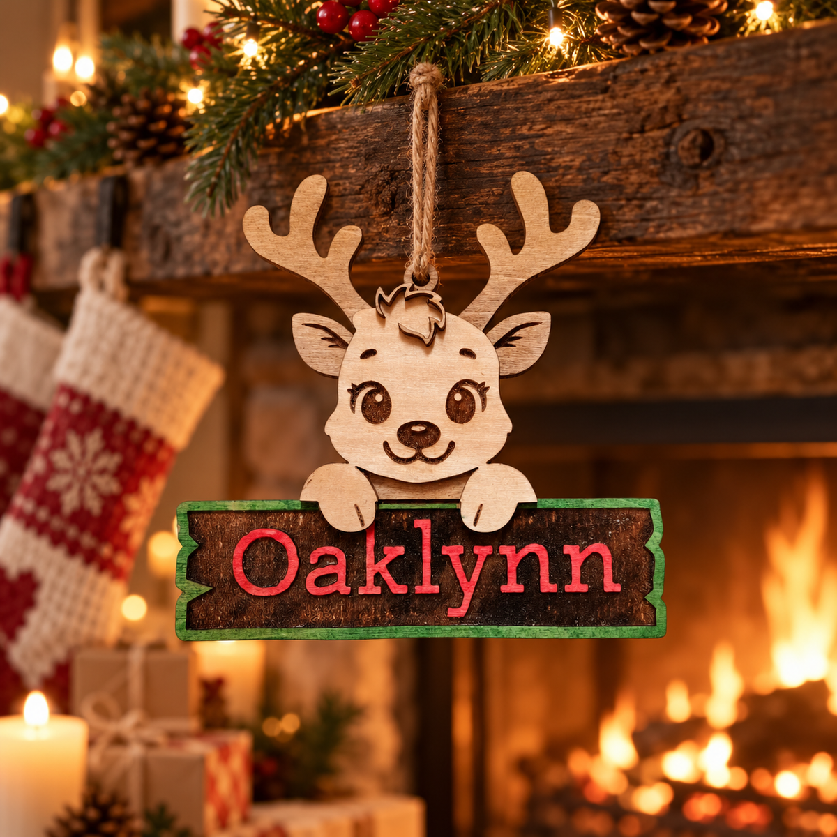 Personalized wood reindeer ornament with red name lettering and green border, hanging from a rustic mantel by a fireplace with stockings