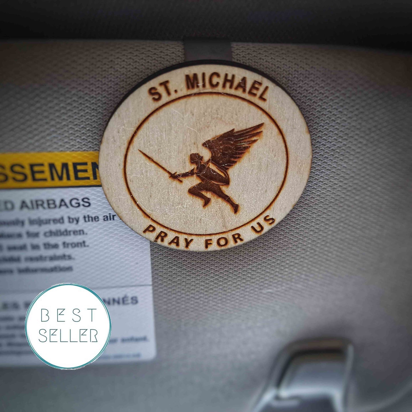 St. Michael visor clip for divine protection while driving