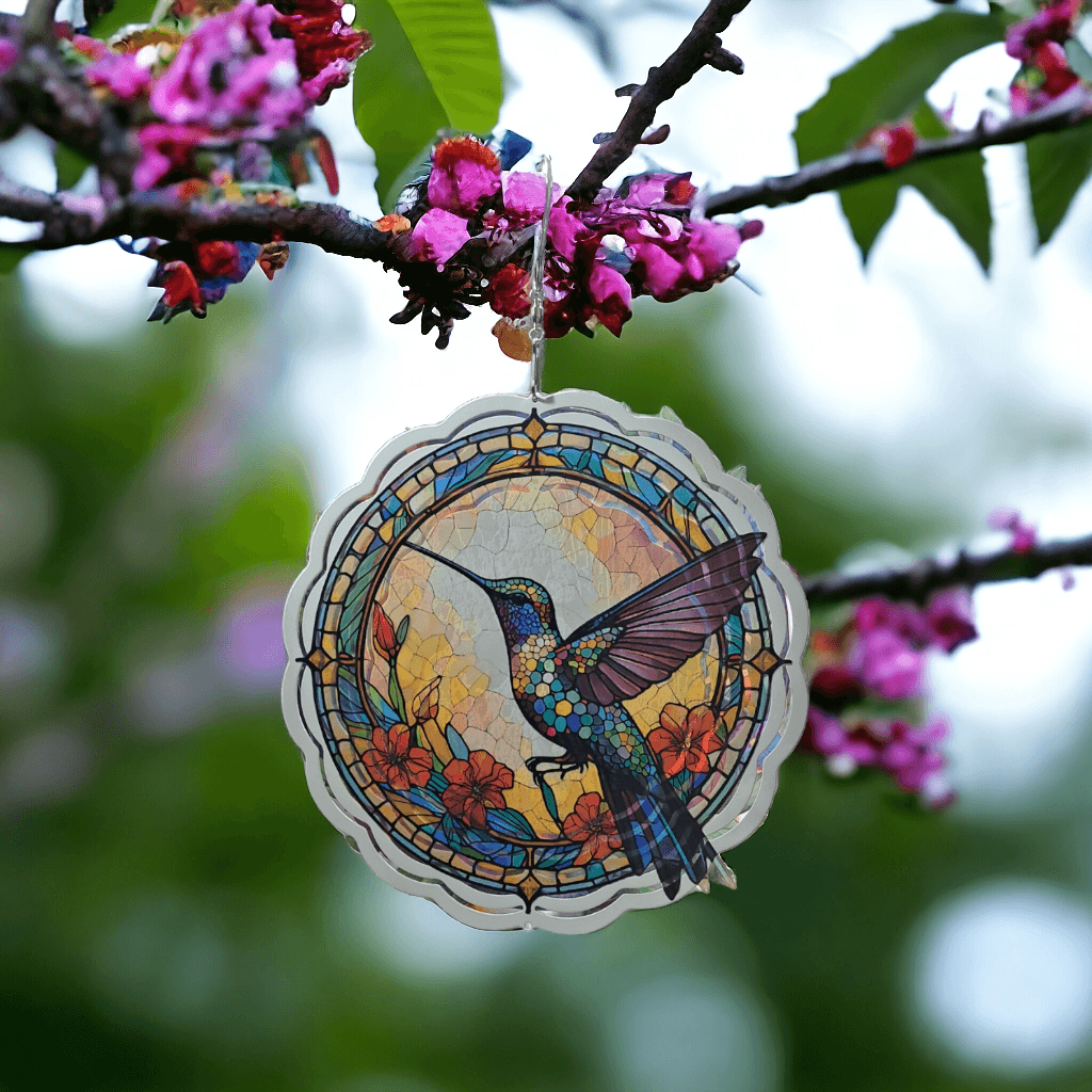 Creatively crafted spinners featuring top-quality stained glass and durable materials, with intricate designs and vibrant colors that create mesmerizing visual effects for your yard or garden.