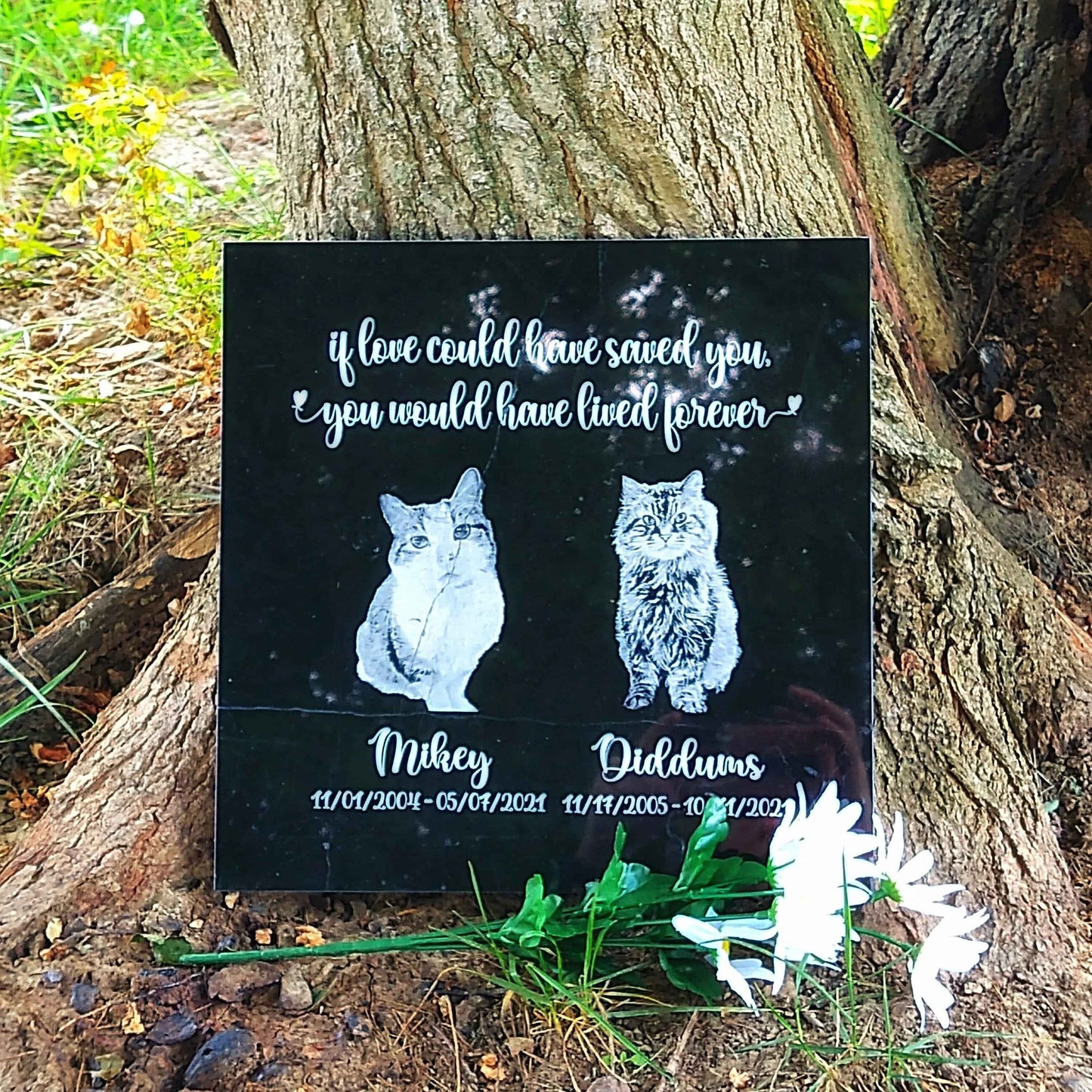 A personalized black marble memorial stone, measuring 12" L x 12" W x 0.375" H, featuring a photo of a beloved pet, their name, dates, and a heartfelt message, creating a timeless and elegant tribute to a cherished companion.