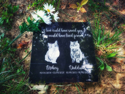 A personalized black marble memorial stone, measuring 12" L x 12" W x 0.375" H, featuring a photo of a beloved pet, their name, dates, and a heartfelt message, creating a timeless and elegant tribute to a cherished companion.