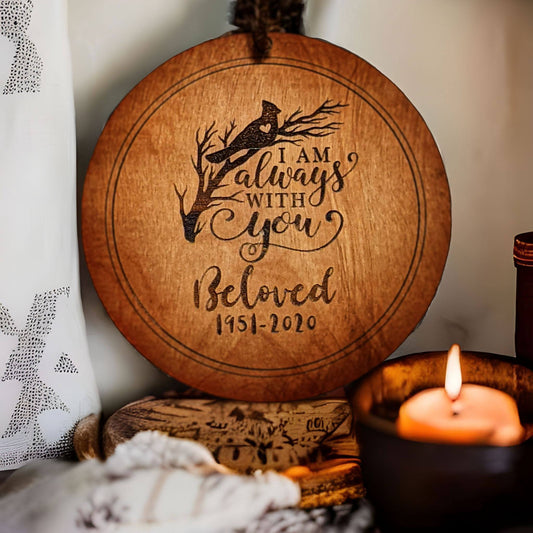 Memorial Ornament - A handcrafted 4" x 4" ornament featuring an elegant cardinal and tree branch design, perfect for honoring the memory of loved ones.