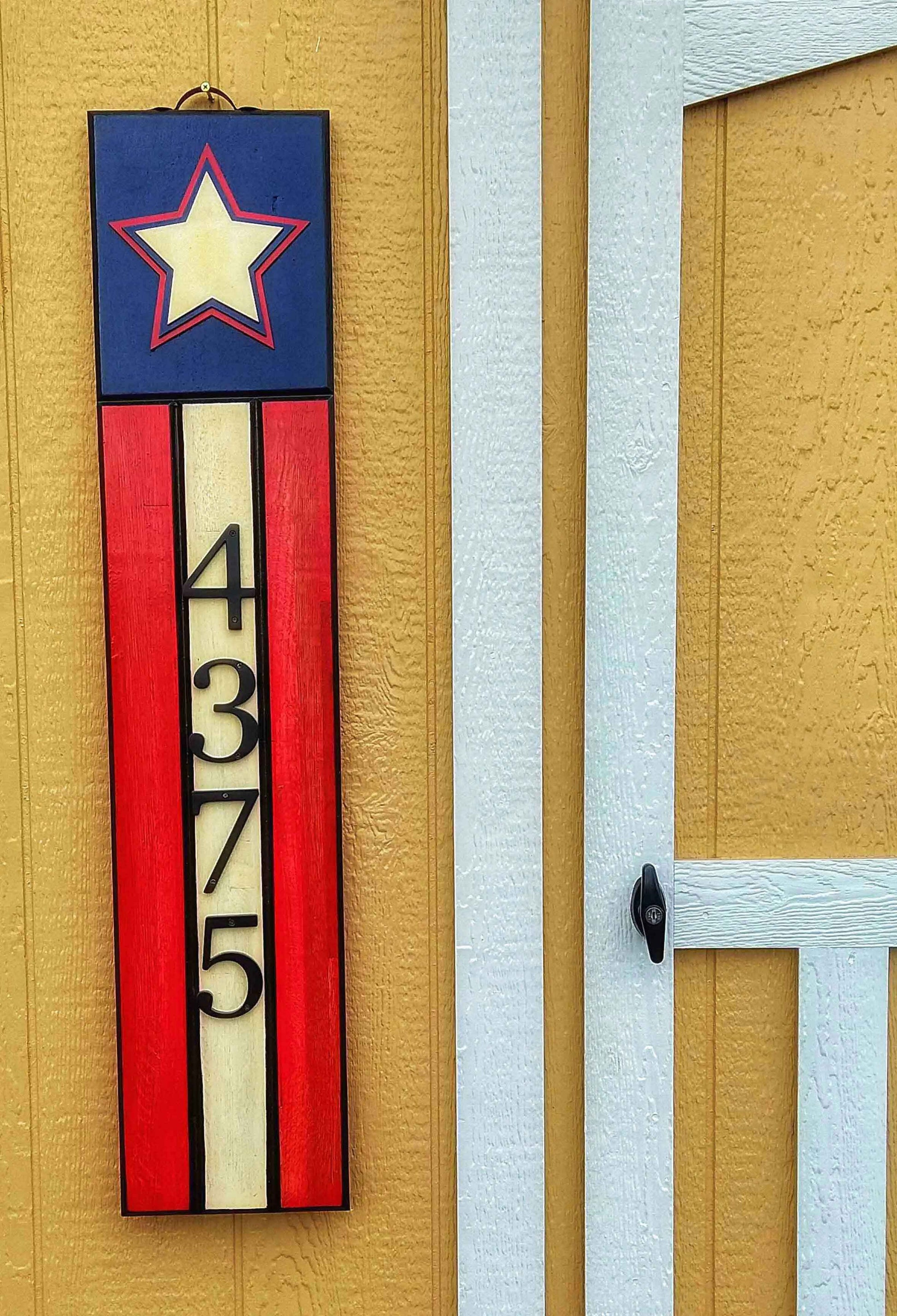 Patriotic Vertical Address Sign displayed on a front porch, adding a touch of American pride to the home's exterior