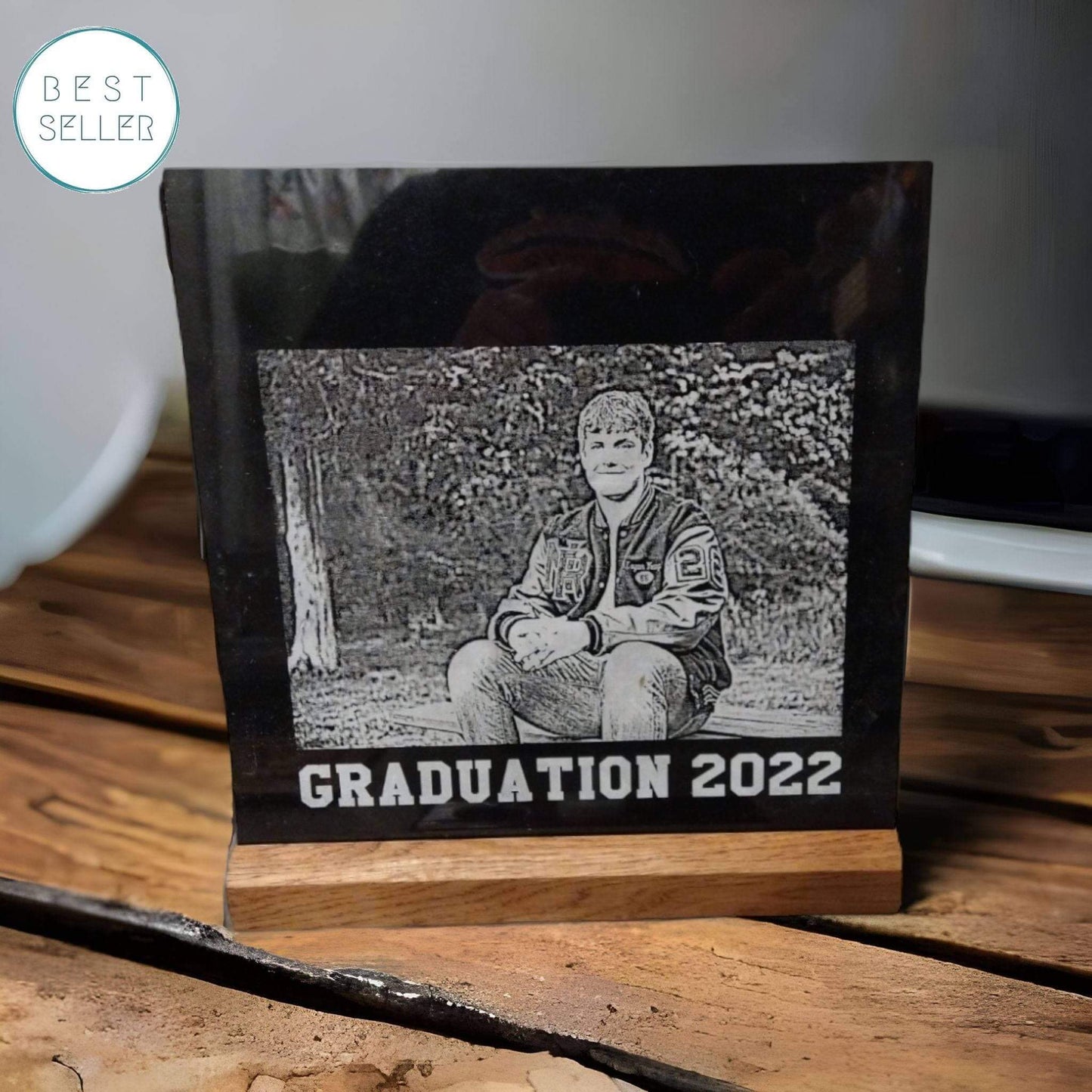 Marble Photo Engrave of graduate with text, 12x12 inches with stand