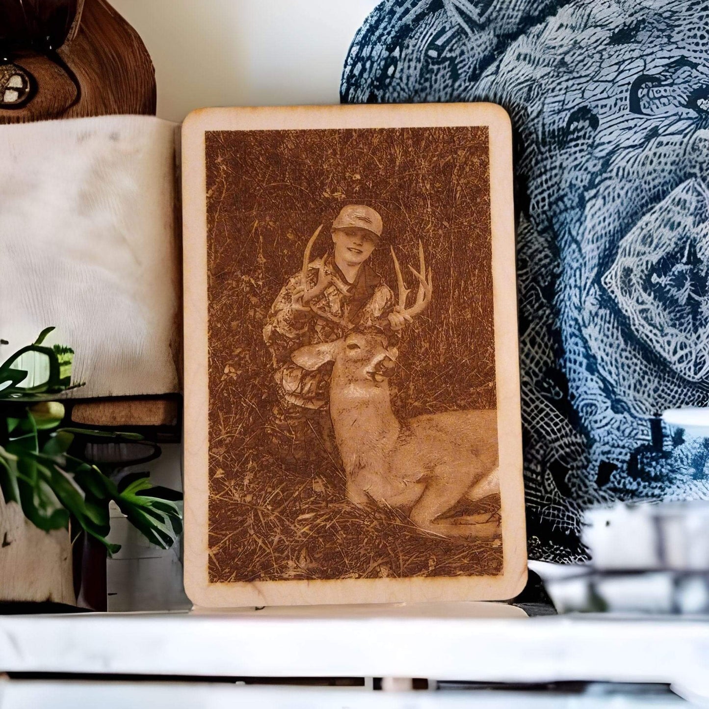 Wood Photo Engrave of boy with deer