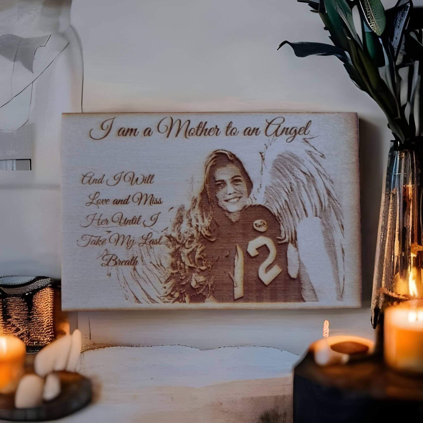 Wood Photo Engrave of angel with quote