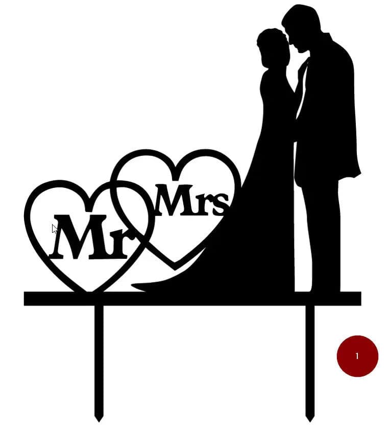 Black silhouette of a couple in wedding attire with “Mr & Mrs” inside a heart, designed as a cake topper