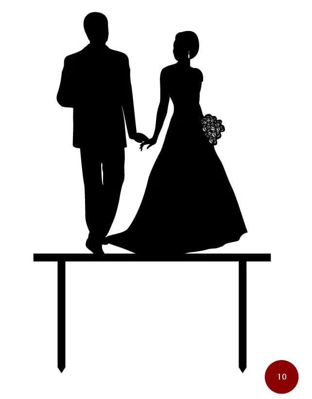 Silhouette of a couple holding hands, one in a dress and the other in a suit, standing on a platform, designed as a cake topper