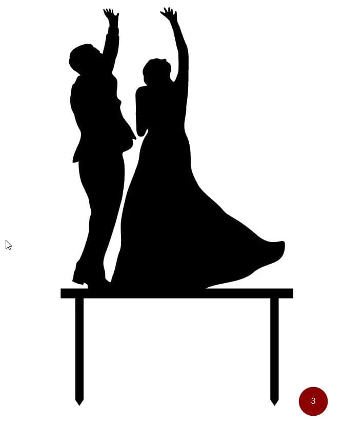 Silhouette of a couple standing on a platform, both with arms raised and the other in a flowing dress, designed as a cake topper