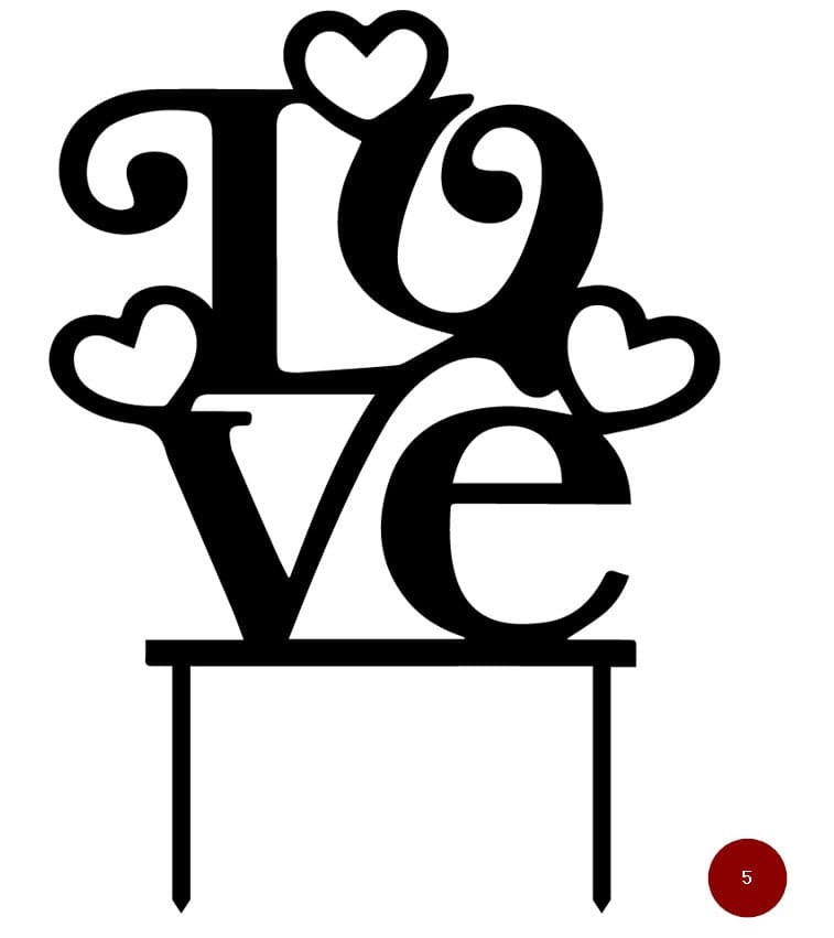 Stylized black and white “LOVE” graphic with a heart-shaped “O” and smaller hearts, designed as a cake topper