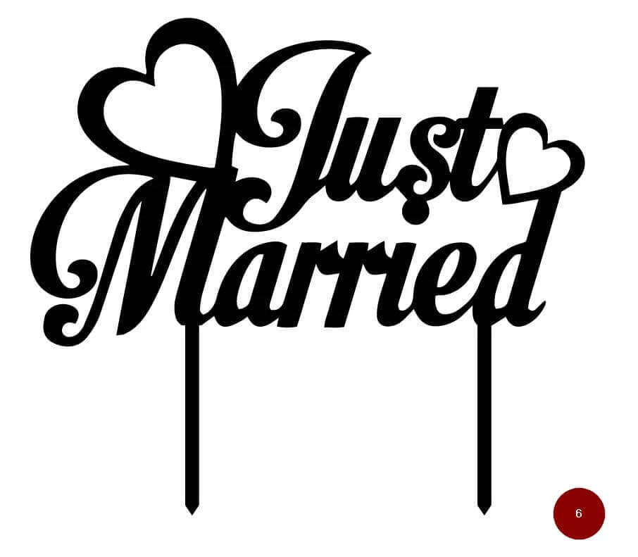 Black silhouette of a “Just Married” sign with cursive lettering and heart shapes, designed as a cake topper