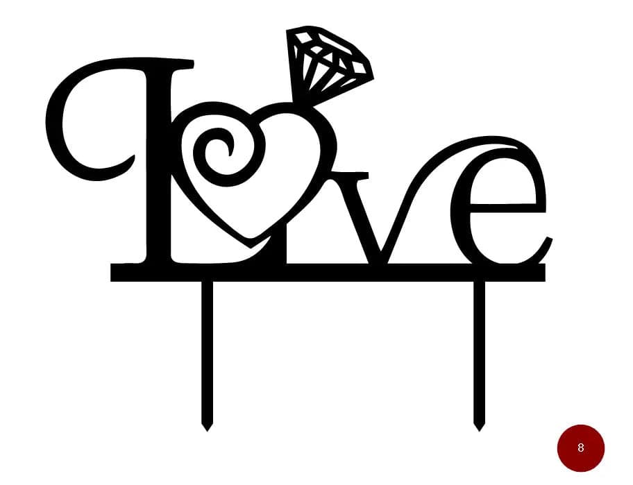 Black graphic of the word “Love” with a heart-shaped “L” and a diamond-topped “o”, designed as a cake topper