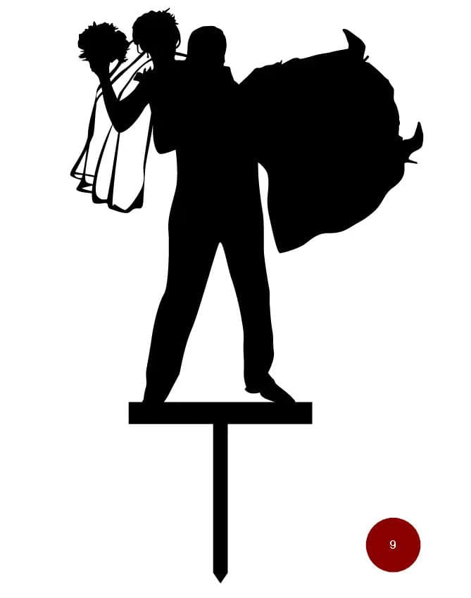 Silhouette of a person standing on a platform, holding a woman in a wedding dress and veil, designed as a cake topper