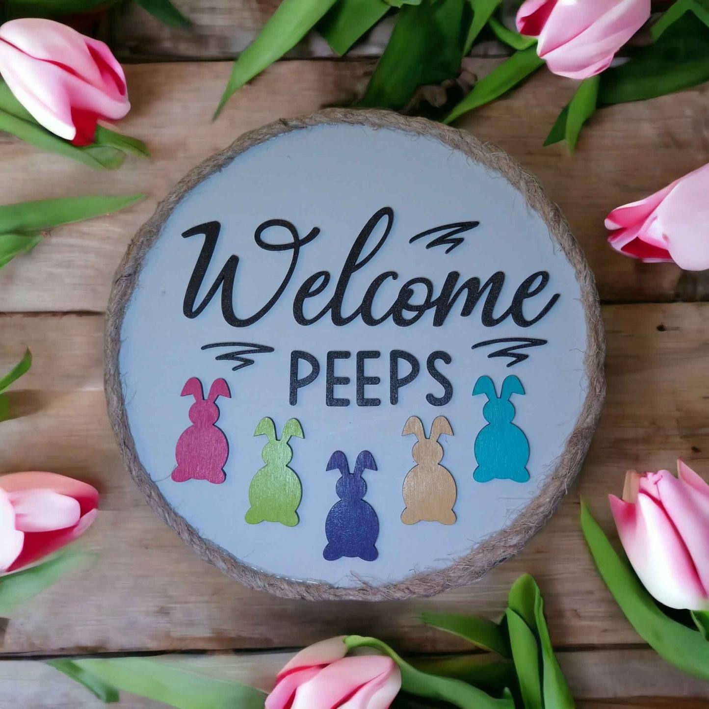 DIY Peeps Door Hanger Kit with wooden peeps, signs, embellishments, and twine