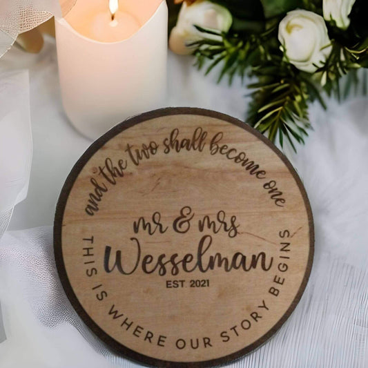 A timeless and elegant keepsake to treasure the memories of your special day, featuring a unique round shape, beautiful script design, and personalized touch to celebrate your love story in style.